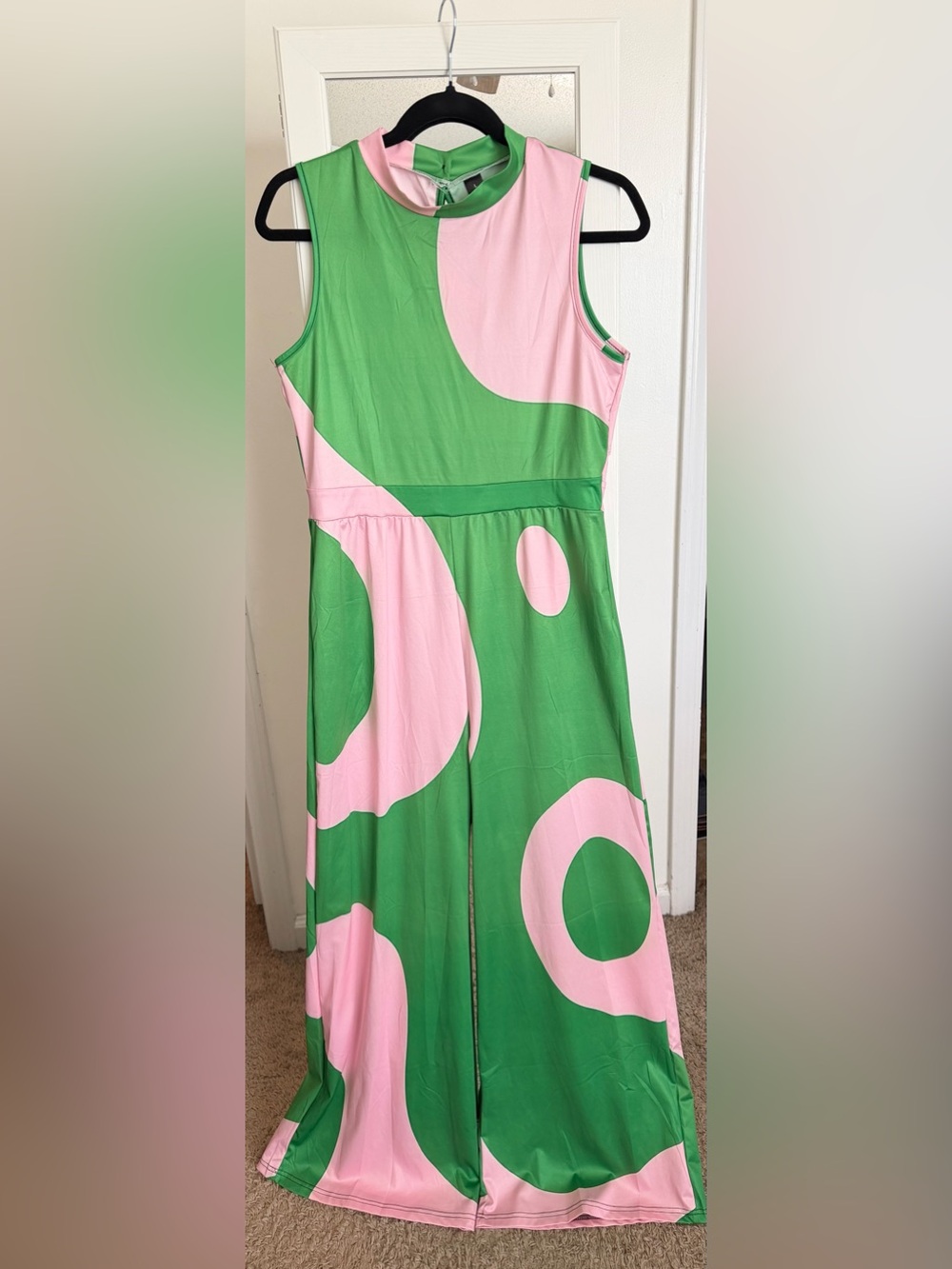 Sleeveless Wide-Leg Jumpsuit in Green & Pink with Graphic Circles